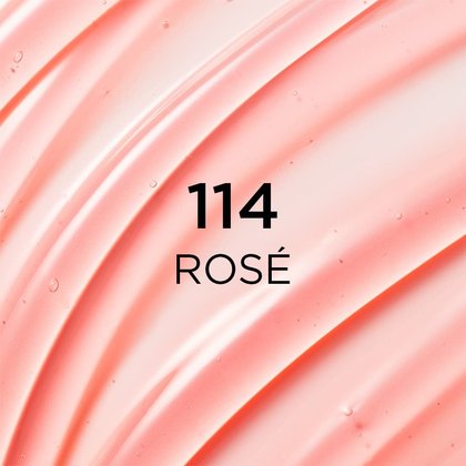 Nahaufnahme einer zartrosa, gelartigen Lipgloss-Textur mit feinen Luftbläschen. In der Mitte steht der schwarze Text: „114 ROSÉ“.