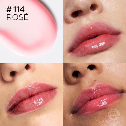 Ein Collage-Bild, das oben links einen pfirsich-rosa Texturswatch mit dem Text „# 114 ROSÉ“ zeigt. Die anderen drei Bilder zeigen Nahaufnahmen glänzender Lippen bei verschiedenen Hauttypen zur Demonstration des individuellen Farbergebnisses.