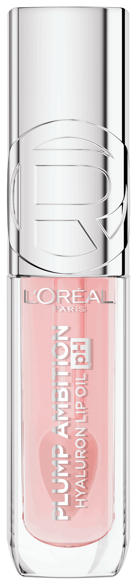 Freigestellte Produktabbildung der Vorderseite des „L'Oréal Paris Plump Ambition Hyaluron Lip Oil pH“ in der pfirsich-rosa Nuance (#114 Rosé) vor weißem Hintergrund. Die eckige, transparente Flasche zeigt den silbernen Verschluss mit eingeprägtem „R“-Logo.