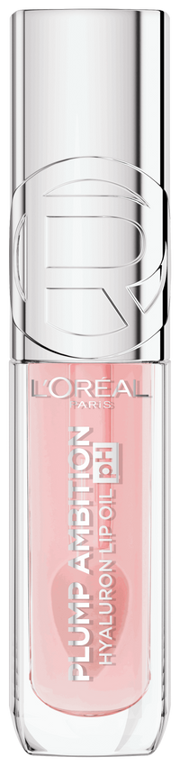 Freigestellte Produktabbildung der Vorderseite des „L'Oréal Paris Plump Ambition Hyaluron Lip Oil pH“ in der pfirsich-rosa Nuance (#114 Rosé) vor weißem Hintergrund. Die eckige, transparente Flasche zeigt den silbernen Verschluss mit eingeprägtem „R“-Logo. 