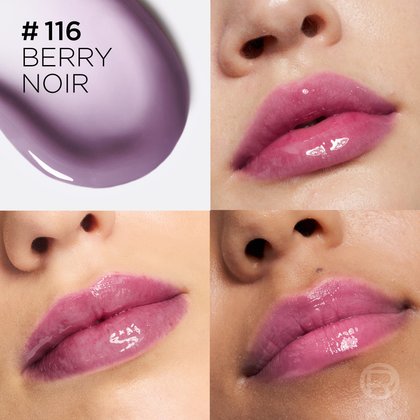 Ein Collage-Bild, das oben links einen violetten Texturswatch mit dem Text „# 116 BERRY NOIR“ zeigt. Die anderen drei Bilder zeigen Nahaufnahmen glänzender Lippen bei verschiedenen Hauttypen zur Demonstration des individuellen Farbergebnisses.