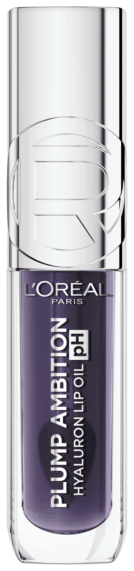 Freigestellte Produktabbildung der Vorderseite des „L'Oréal Paris Plump Ambition Hyaluron Lip Oil pH“ in der violetten Nuance (#116 Berry Noir) vor weißem Hintergrund. Die eckige, transparente Flasche zeigt den silbernen Verschluss mit eingeprägtem „R“-Logo.