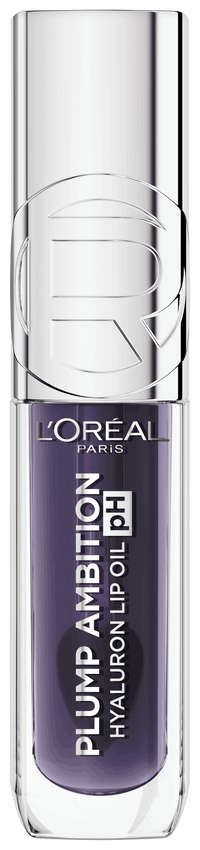 Freigestellte Produktabbildung der Vorderseite des „L'Oréal Paris Plump Ambition Hyaluron Lip Oil pH“ in der violetten Nuance (#116 Berry Noir) vor weißem Hintergrund. Die eckige, transparente Flasche zeigt den silbernen Verschluss mit eingeprägtem „R“-Logo. 