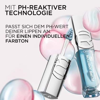 Produktabbildung des geöffneten Lip Oils vor einem Hintergrund aus schwebenden, transparenten rosa und blauen Seifenblasen. Text im Bild: „MIT PH-REAKTIVER TECHNOLOGIE – PASST SICH DEM PH-WERT DEINER LIPPEN AN. FÜR EINEN INDIVIDUELLEN FARBTON“.