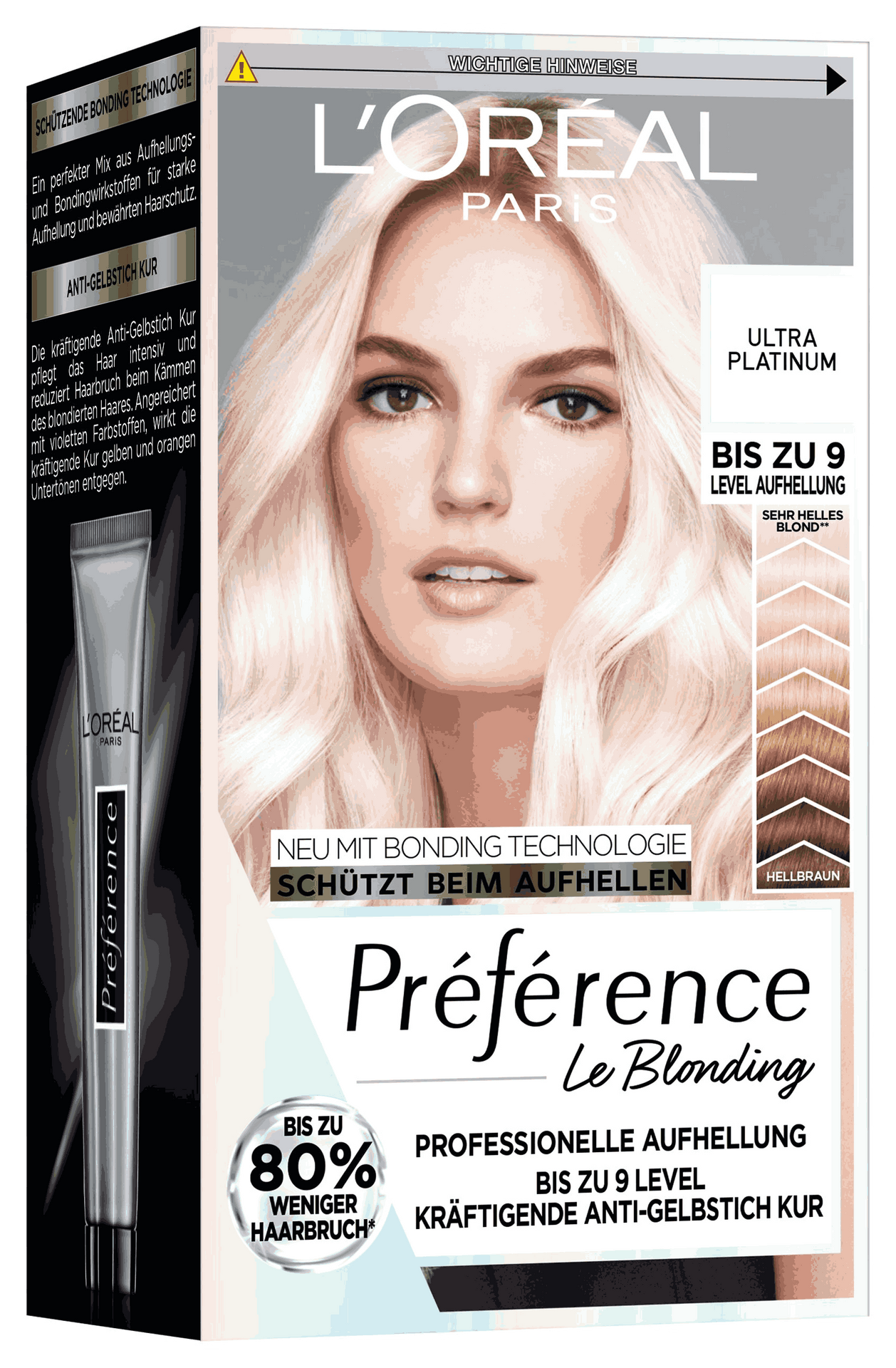 L'Oréal Paris Préférence Le Blonding Ultra Platinum – Haarfärbemittel-Packung (3/4-Ansicht) mit Bonding Technologie, bis zu 9 Level Aufhellung und kräftigender Anti-Gelbstich Kur