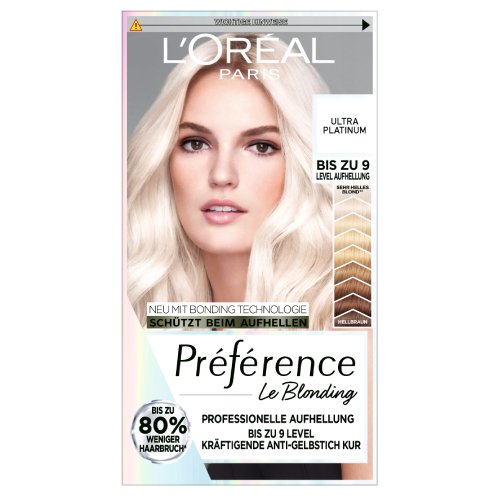 L'Oréal Paris Préférence Le Blonding Ultra Platinum – Vorderseite der Packung mit platinblonder Frau, Bonding Technologie, bis zu 9 Level Aufhellung und bis zu 80 % weniger Haarbruch