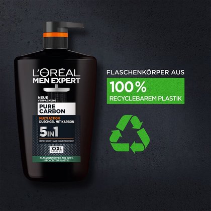 Produktabbildung, daneben Text: Flaschenkörper aus 100% recyceltem Plastik