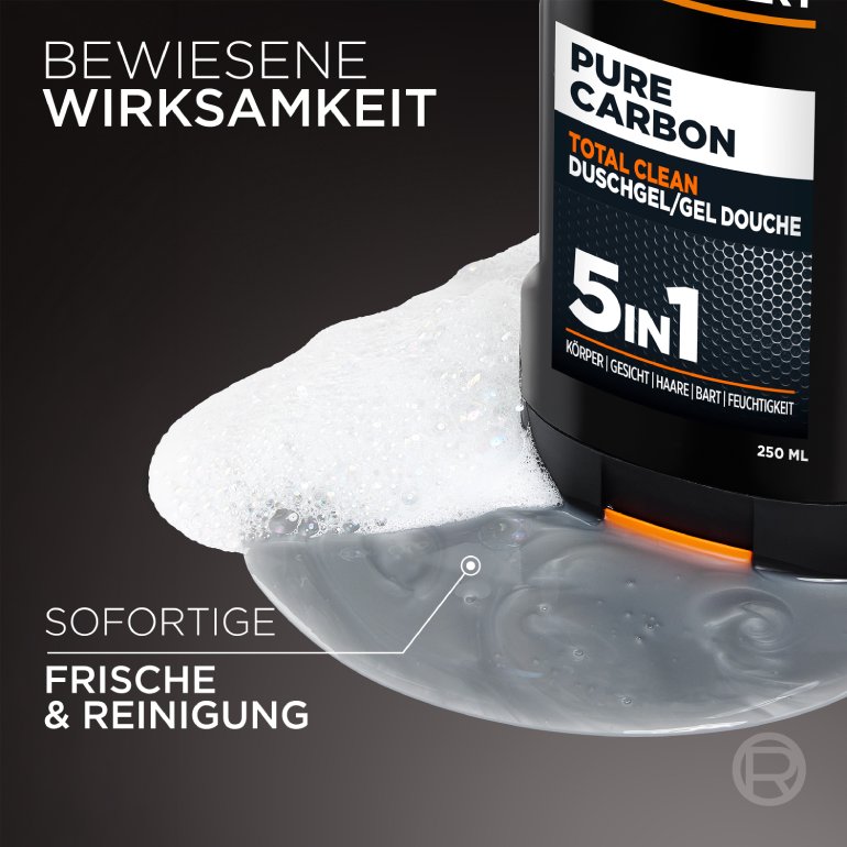 L'Oréal Men Expert Pure Carbon Total Clean Duschgel 5in1, 250 ml Flasche mit Schaum und Textaufschrift Bewiesene Wirksamkeit, Sofortige Frische und Reinigung