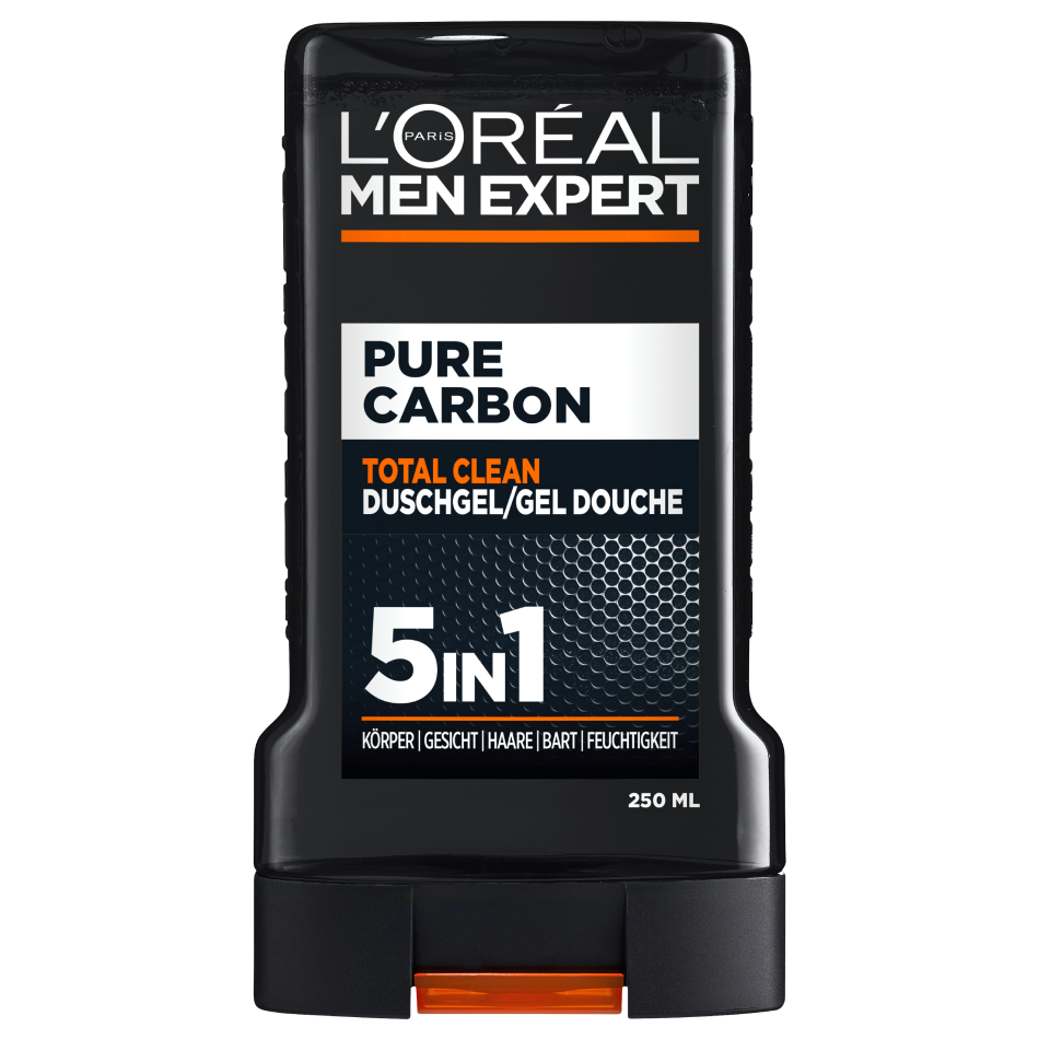 Freigestellte Produktabbildung der L'Oréal Men Expert Pure Carbon Total Clean Duschgel Flasche 5in1, 250 ml, auf weißem Hintergrund ohne weitere Grafiken oder Text