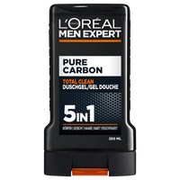 Freigestellte Produktabbildung der L'Oréal Men Expert Pure Carbon Total Clean Duschgel Flasche 5in1, 250 ml, auf weißem Hintergrund ohne weitere Grafiken oder Text
