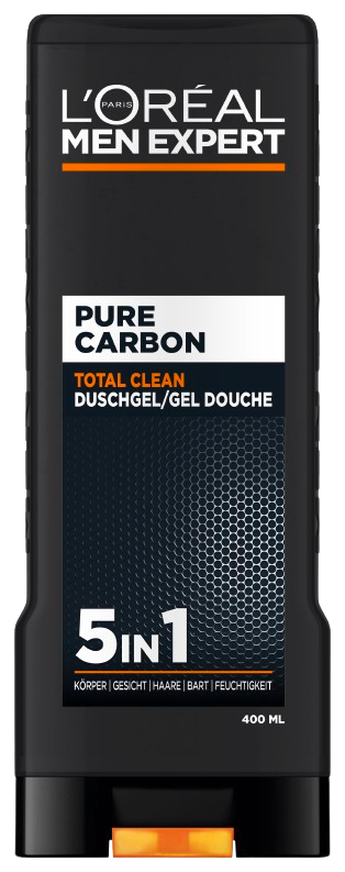 Ein Mann hält das Pure Carbon 400ml Duschgel vor grauem Hintergrund.