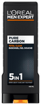 Ein Mann hält das Pure Carbon 400ml Duschgel vor grauem Hintergrund.