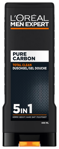 Ein Mann hält das Pure Carbon 400ml Duschgel vor grauem Hintergrund.