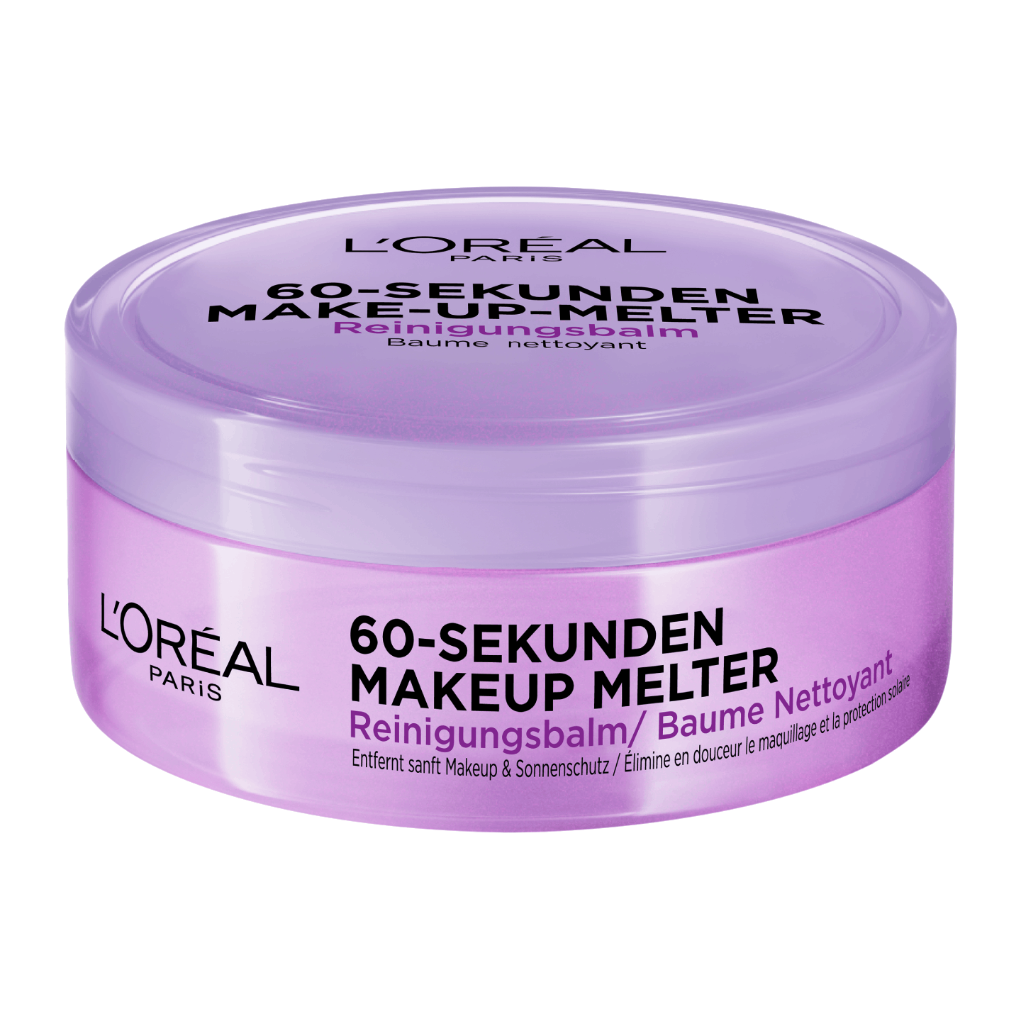 L'Oréal Paris 60-Sekunden Makeup Melter Reinigungsbalm im violetten Tiegel mit transparentem Deckel, Frontansicht