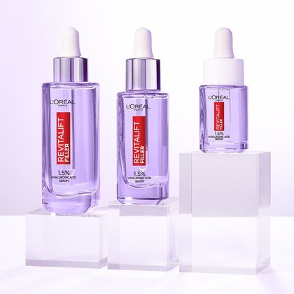 Alle drei Packungsgrößen des Revitalift Filler Anti-Falten Serums in der Übersicht
