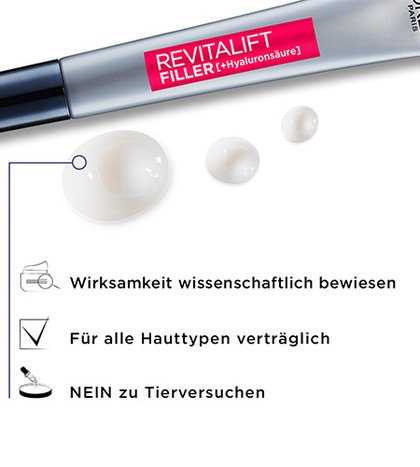 Eine Tube Revitalift Filler HA aufpolsternde Pflege fuer das Auge auf weißem Grund mit drei Tropfen
