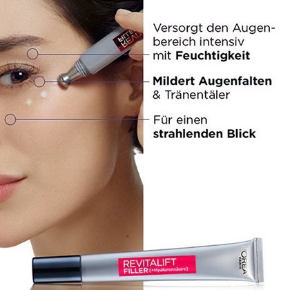 Model und Tube Revitalift Filler HA aufpolsternde Pflege fuer das Auge