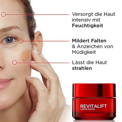Weibliches Model traegt die Revitalift Klassik Creme Rouge auf daneben die Vorteilskommunikation