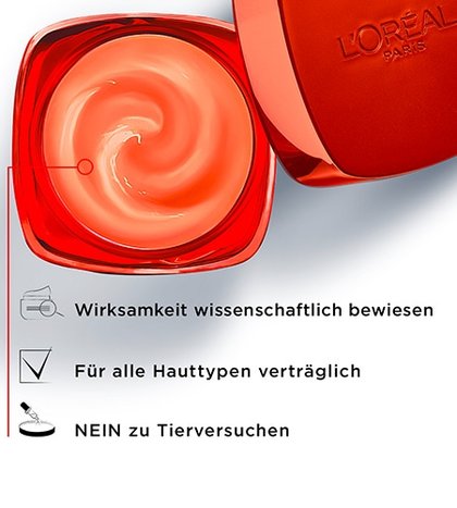 geoeffneter roter Tiegel der Revitalift Klassik Creme Rouge von oben fotografiert auf weißem Grund