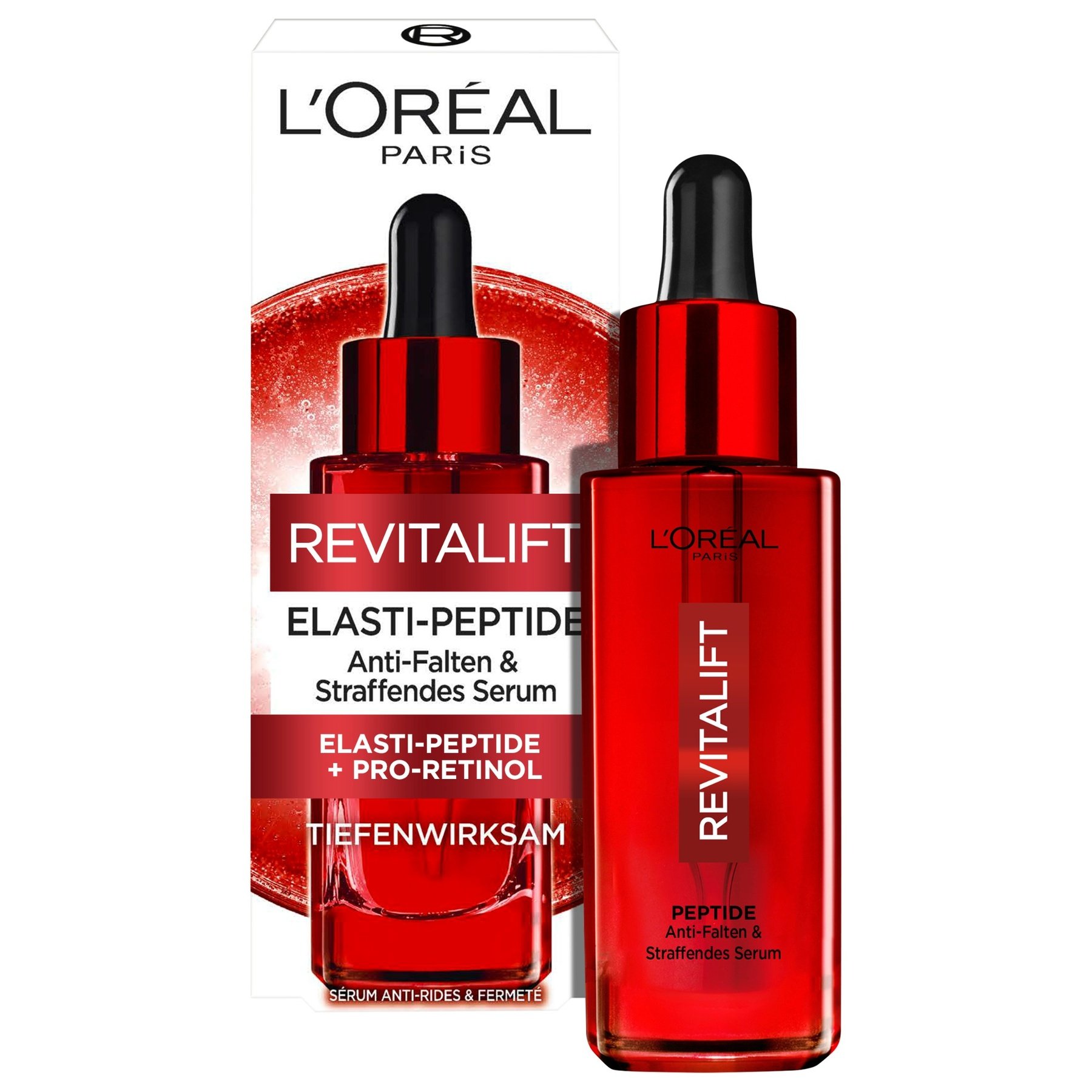 L'Oréal Paris Revitalift Elasti-Peptide Serum im roten Glasflakon mit schwarzer Pipette vor der dazugehörigen Produktverpackung.