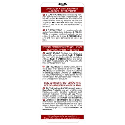 Rückseite der L'Oréal Paris Revitalift Verpackung mit detaillierten Produktinformationen, Inhaltsstoffen und Wirksamkeitsbelegen auf Deutsch und Französisch.