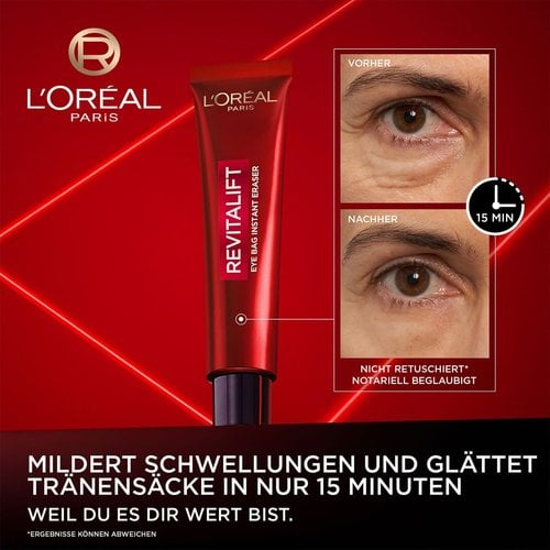 Produktabbildung & vorher / nachher Vergleich, darunter Text: Mildert Schwellungen und glättet Tränensäcke in nur 15 Min