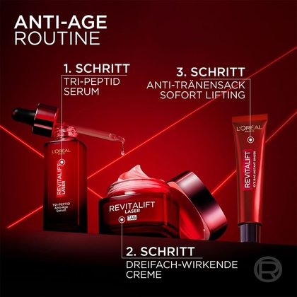 Zwei Haende halten die Revitalift Laser X3 Anti Age Auge rote Tube