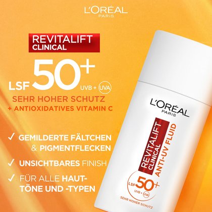 REVITALIFT CLINICAL TÄGLICHE ANTI-UV FLUID LSF 50+ - Produkt & Auflistung von Produktvorteilen