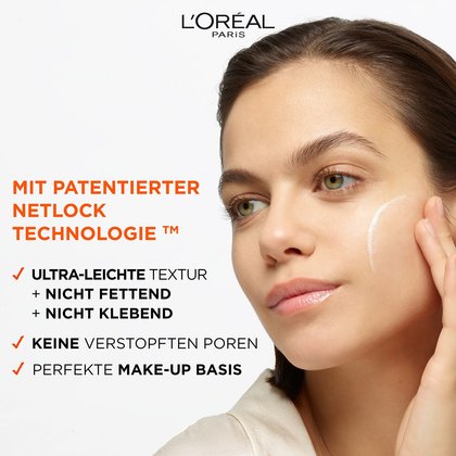 Gesicht einer jungen Frau und Auflistung von Produktvorteilen von REVITALIFT CLINICAL TÄGLICHE ANTI-UV FLUID LSF 50+