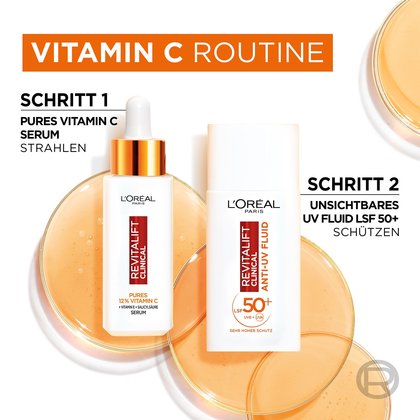 Vitamin C Routine in zwei Schrietten mit Produktabbildung von REVITALIFT CLINICAL TÄGLICHE ANTI-UV FLUID LSF 50+