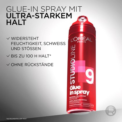 Rote Haarspraydose vor grauem Hintergrund mit aufgelisteten Produkteigenschaften.