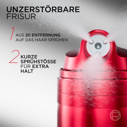 Nahaufnahme des Sprühkopfs mit einer zweiseitigen Anwendungsanleitung für extra Halt.