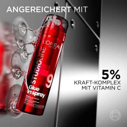 Haarspraydose befestigt an Saugnäpfen mit dem Hinweis auf 5% Kraft-Komplex mit Vitamin C.
