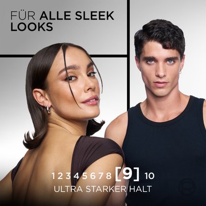 Eine Frau und ein Mann mit glatten, fixierten Frisuren für moderne Sleek Looks.
