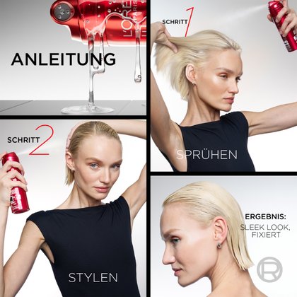 Viergeteilte Bildanleitung zur Anwendung des Haarsprays für einen fixierten Sleek Look.