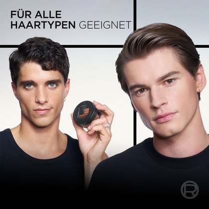 Zwei Männer präsentieren ihre Haartypen mit dem runden Tiegel der Mad Matte Paste.