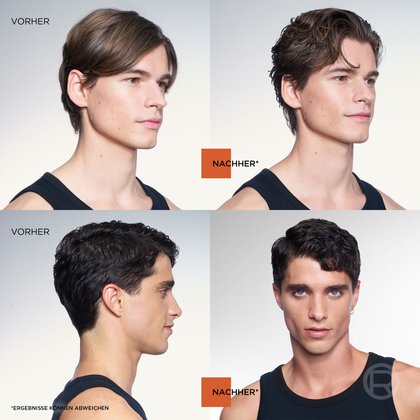 Vorher-Nachher-Vergleich zweier Männerfrisuren nach der Anwendung der Mad Matte Paste.