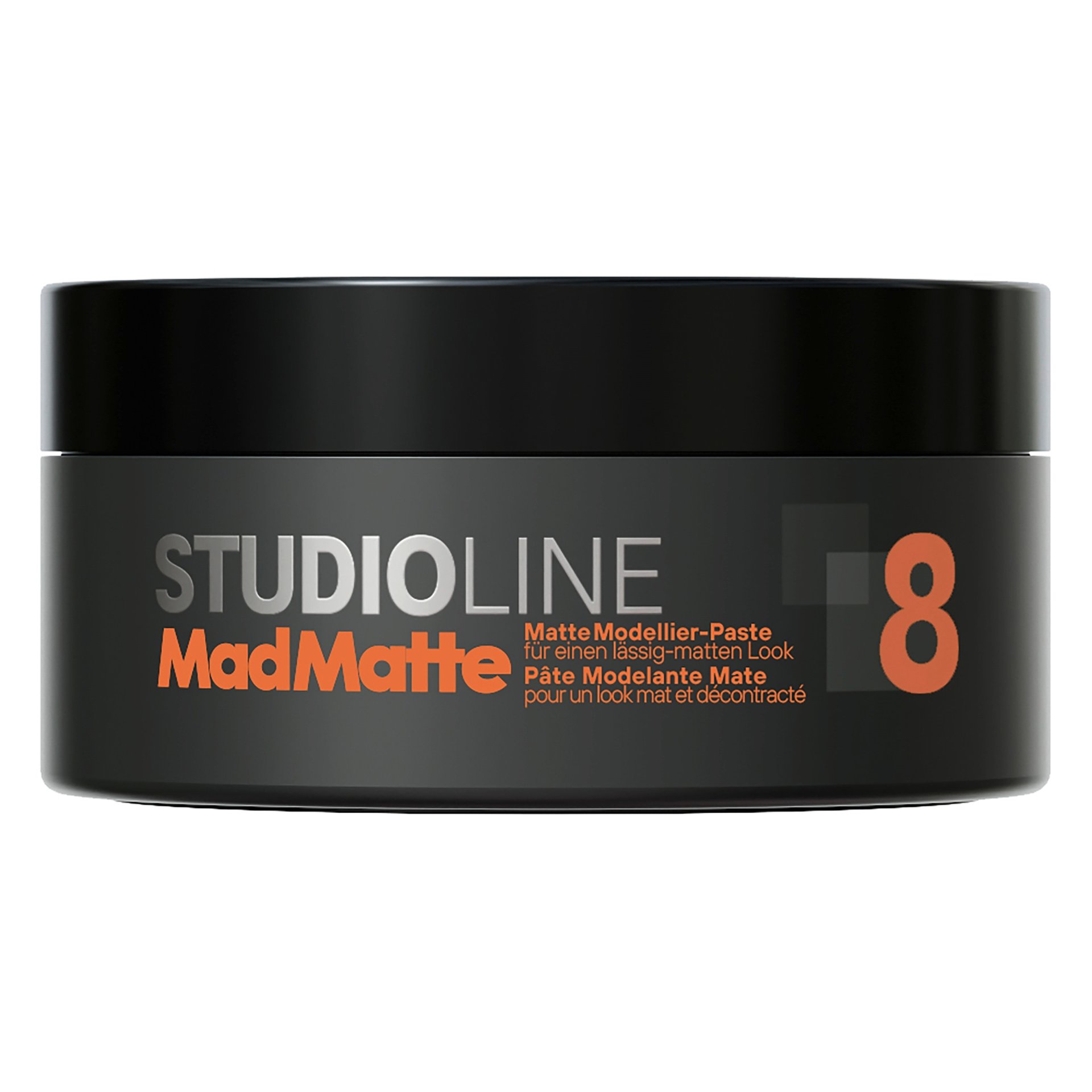 Vorderseite der runden, grauen 75ml Dose der Studio Line Mad Matte Modellier-Paste.