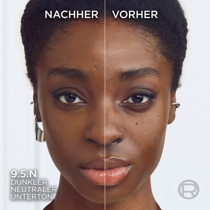 Vorher-Nachher-Vergleich im Split-Screen an einer dunkelhäutigen Frau. Die rechte Gesichtshälfte (Vorher) zeigt die ungeschminkte Hautstruktur; die linke Hälfte (Nachher) präsentiert ein ebenmäßiges, natürlich mattiertes Finish mit der Nuance „9.5.N Dunkler neutraler Unterton“.