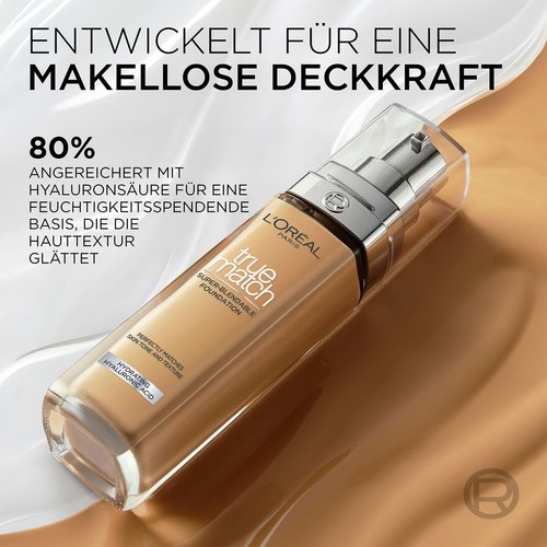 Produktabbildung unter Text: Entwickelt für eine makellose Deckkraft & daneben Produktvorteil Hyaluronsäure erklärt