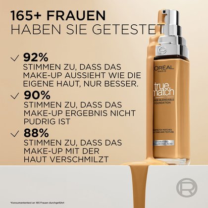 Produktabbildung einer Nuance neben 3 Ergebnissen eines Produkttests mit mehr als 165 Frauen