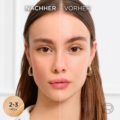 Gesicht einer jungen Frau mit Make-up und dem Getöntes Serum 2-3 Hell