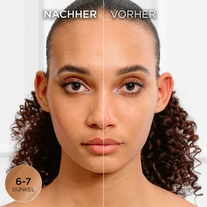 Gesicht einer jungen Frau mit Make-up und dem Getöntes Serum 6-7 Dunkel