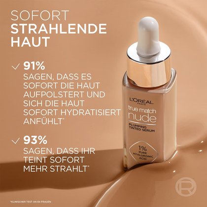 Produkt auf sandfarbenen Grund darüber Text - sofort strahlende Haut sowie 2 weitere Produktvorteile