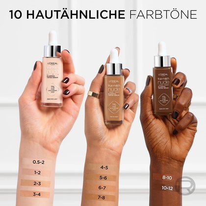 3 Unterarme die je ein Produkt halten mit Proben aller Nuancen auf der Unterseite & Text - 10 Hautähnliche Farbtöne