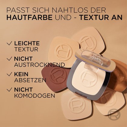 Offener Tiegel & verschiedene True Match Puder Nuancen, daneben aufgelistet 3 Produktvorteile