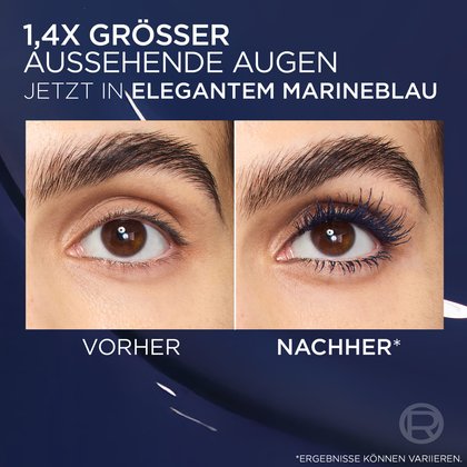Vorher/Nachher: 1,4x grösser wirkende Augen mit luxuriösen, eleganten marineblauen Wimpern. Intensiviert den Blick.