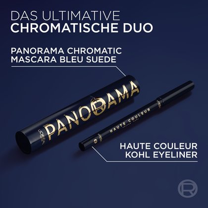 Chromatisches Duo: Mascara und "Bleu Suede" Kohl Eyeliner. Perfektion für den Blick.