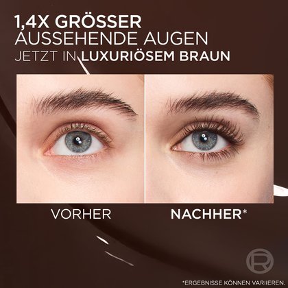 Vorher/Nachher: 1,4x grösser wirkende Augen mit luxuriösen, voluminösen braunen Wimpern. Intensiviert den Blick.