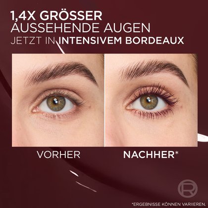 Vorher/Nachher: 1,4x grösser wirkende Augen mit intensive Bordeaux Wimpern. Intensiviert den Blick.